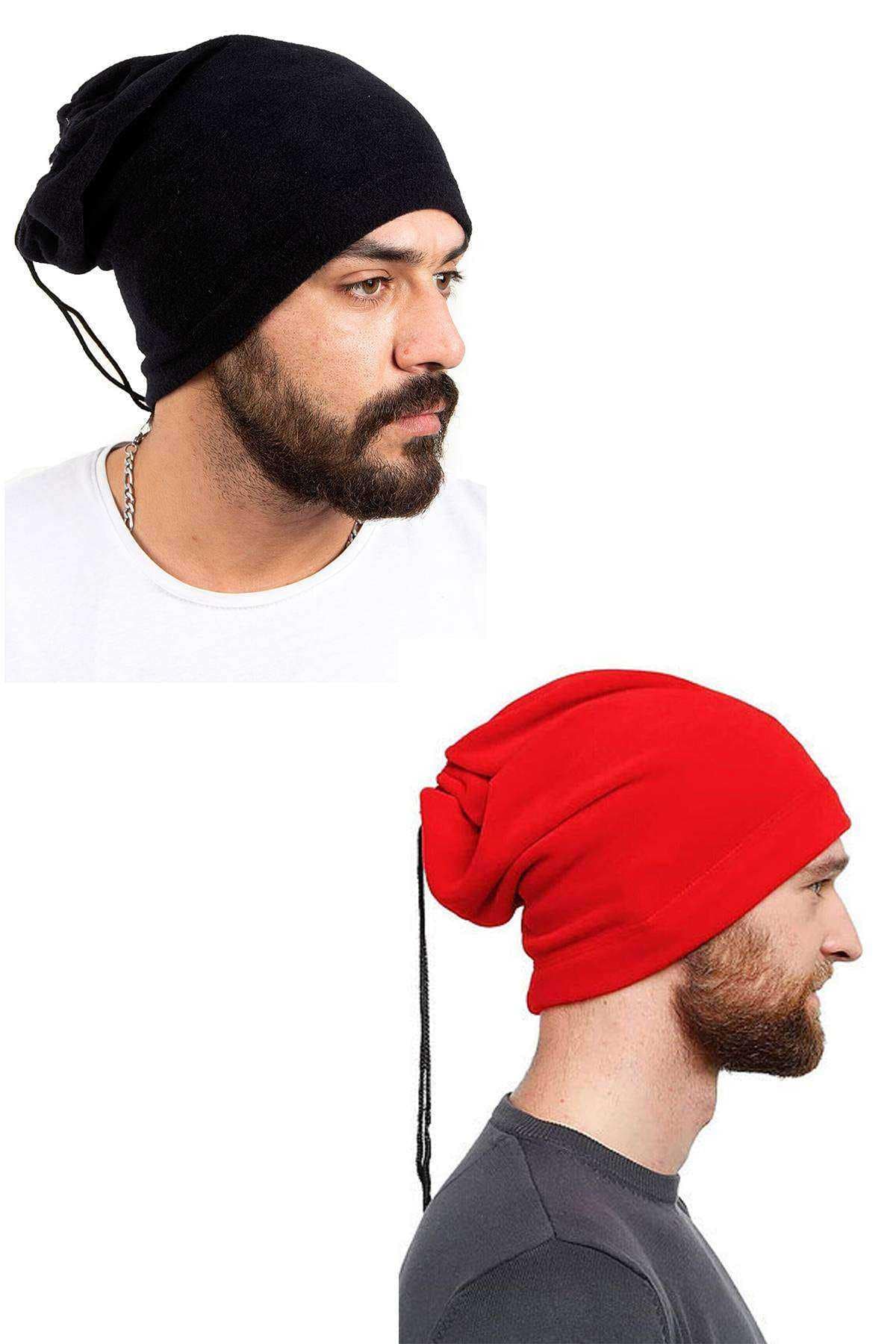 61812a11dc807-4075 2 Adet Polar İpli Bere ve Boyunluk Siyah Kırmızı - Görsel 1