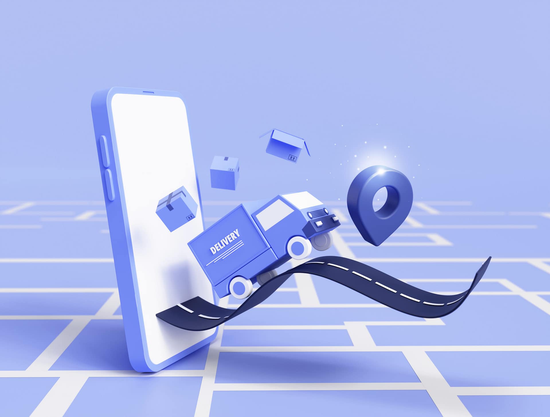 Delivery trucks on the road out of the smartphone carry goods to